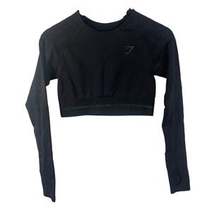 Gymshark Long Sleeve Crop Top Black Logo Print Thumbholes Seamless Activewear